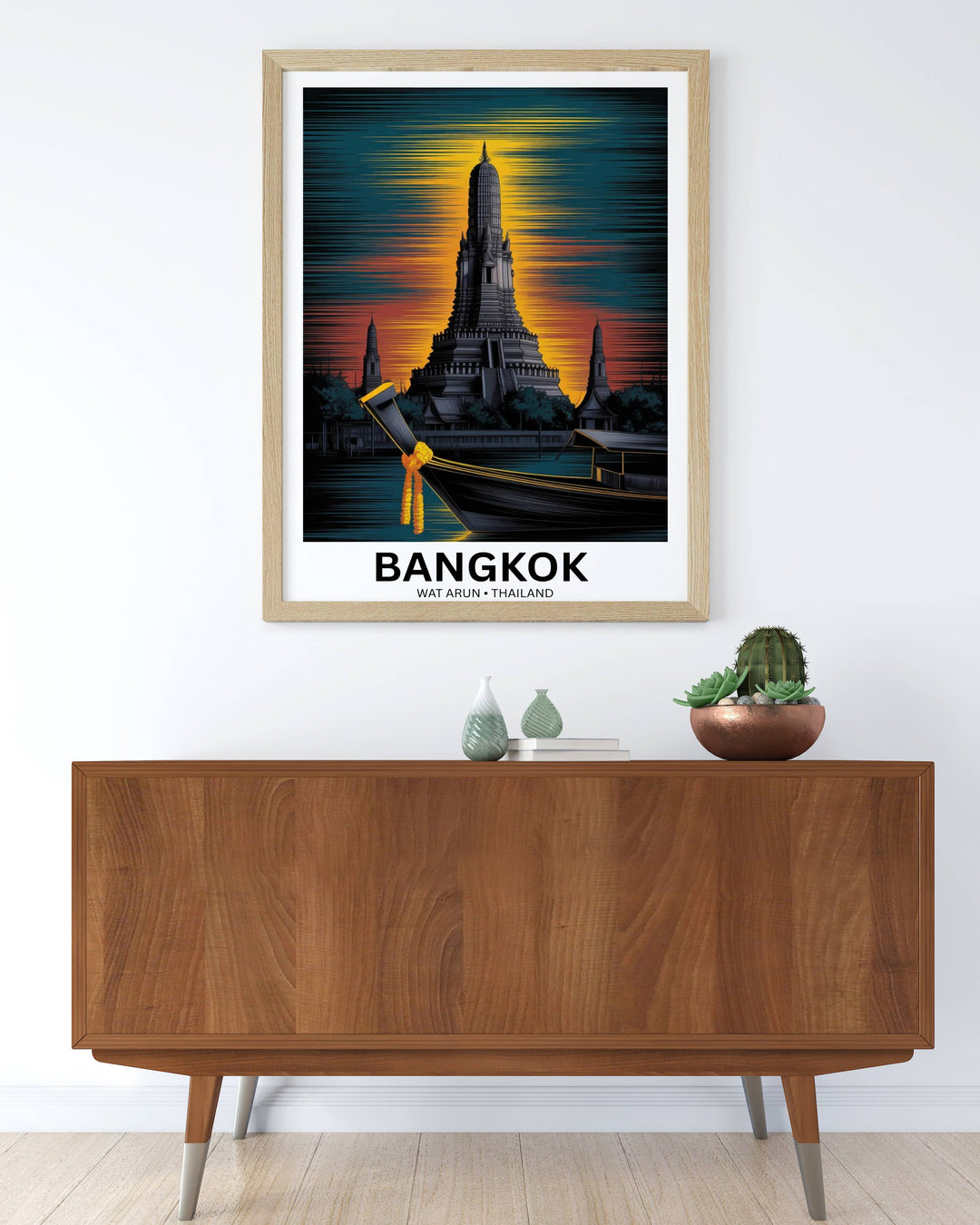 A framed minimalist wall art display featuring the Wat Arun print as the central focal point among a curated set of global travel posters.