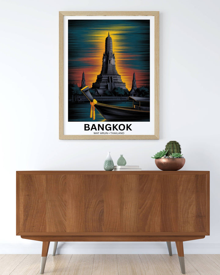 A framed minimalist wall art display featuring the Wat Arun print as the central focal point among a curated set of global travel posters.