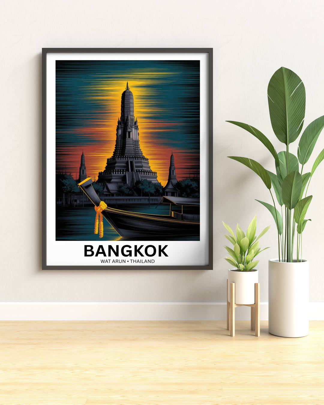 A large-scale framed landscape print of Bangkok, capturing the atmospheric steam and glowing golden hour light in a professional office setting.