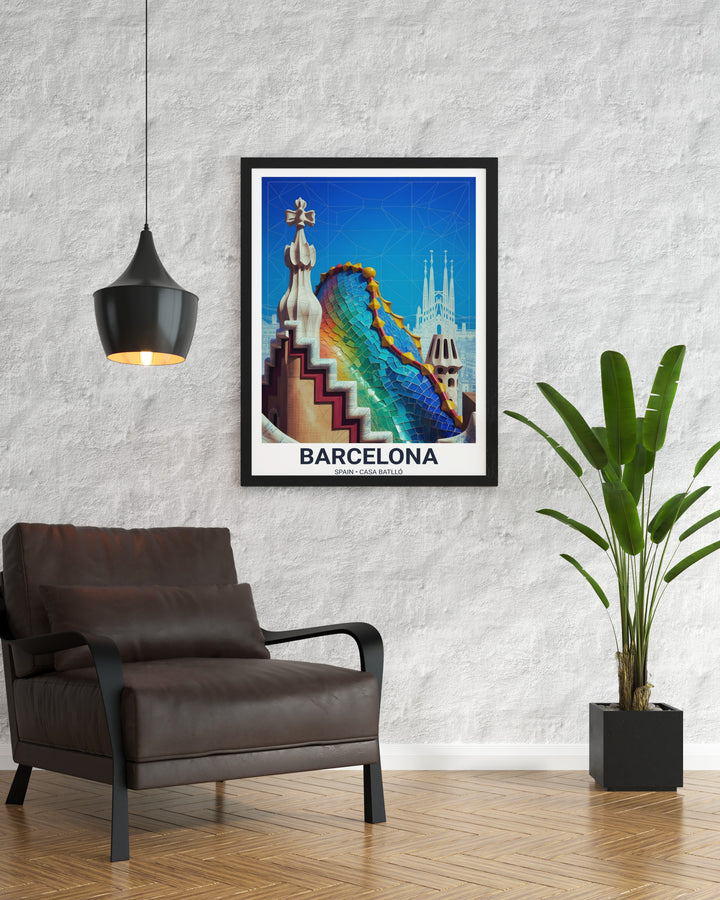 A tall, stone-carved Gaudí turret topped with a four-armed cross overlooking the Barcelona city skyline.