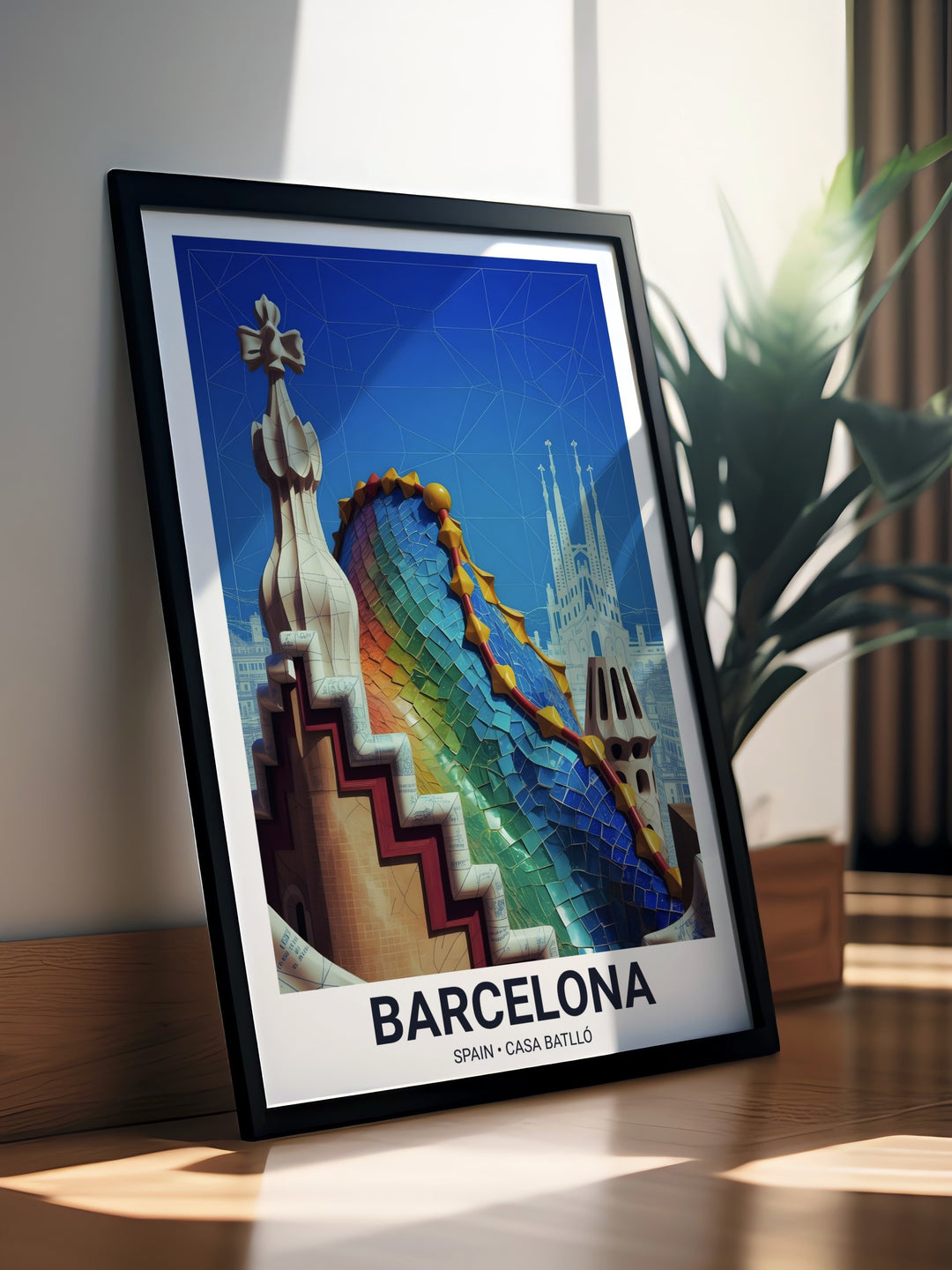 Modern travel poster of Barcelona featuring the Casa Batlló rooftop and distant architectural landmarks.