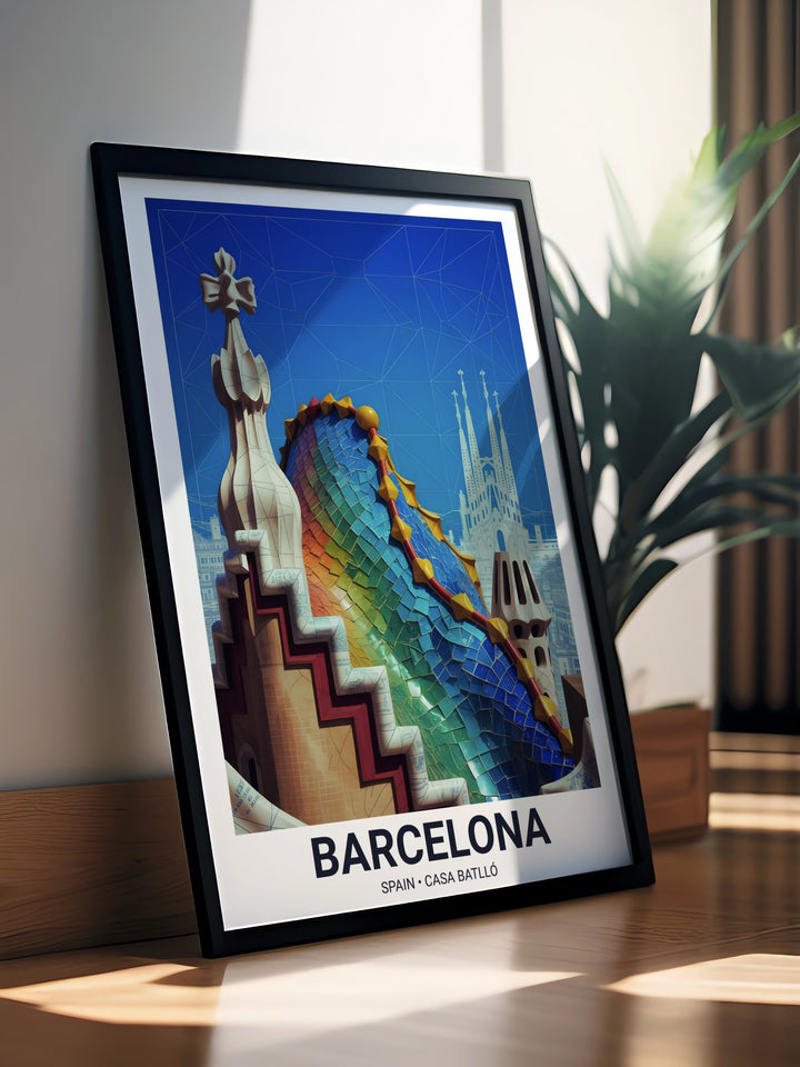 Modern travel poster of Barcelona featuring the Casa Batlló rooftop and distant architectural landmarks.