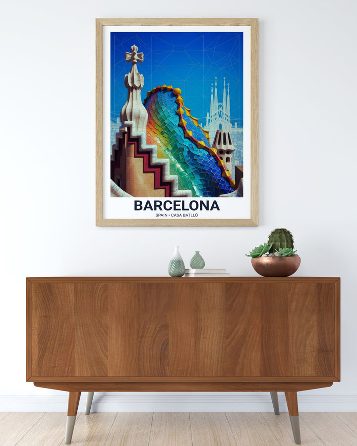 The scaled, rainbow-colored roof of a Gaudí building framed by stone chimneys and a blue horizon.