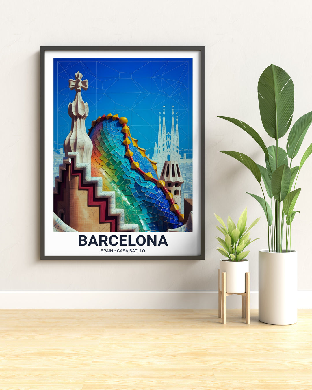 A clean, high-contrast illustration of Catalan Modernista architecture with a white museum-style border.
