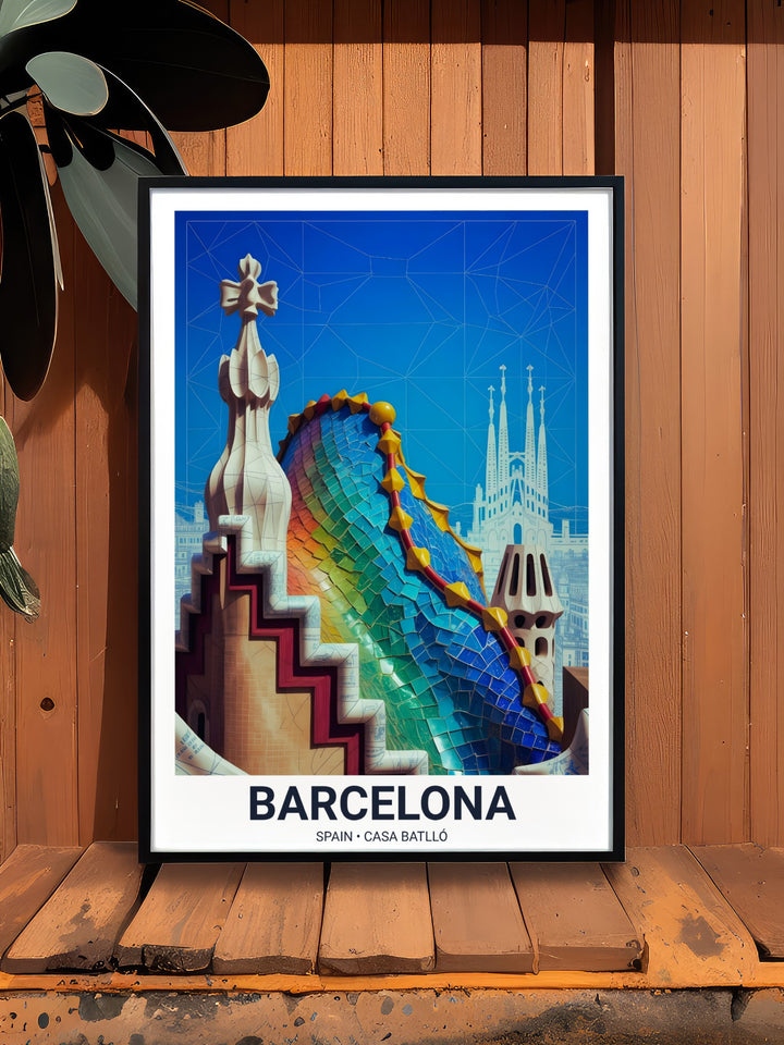 Detailed stone chimney and mosaic tilework of a Mediterranean landmark rendered in a digital collage style.