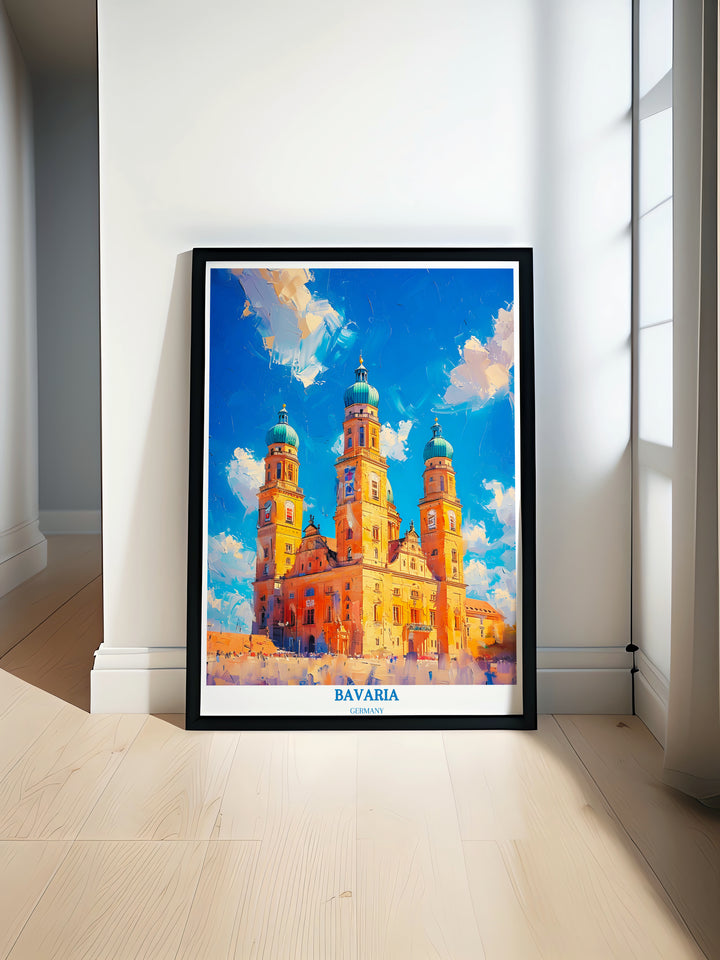 Immerse yourself in Bavarian culture with this stunning travel print, featuring Marienplatz and Neues Rathaus, perfect for wall art.