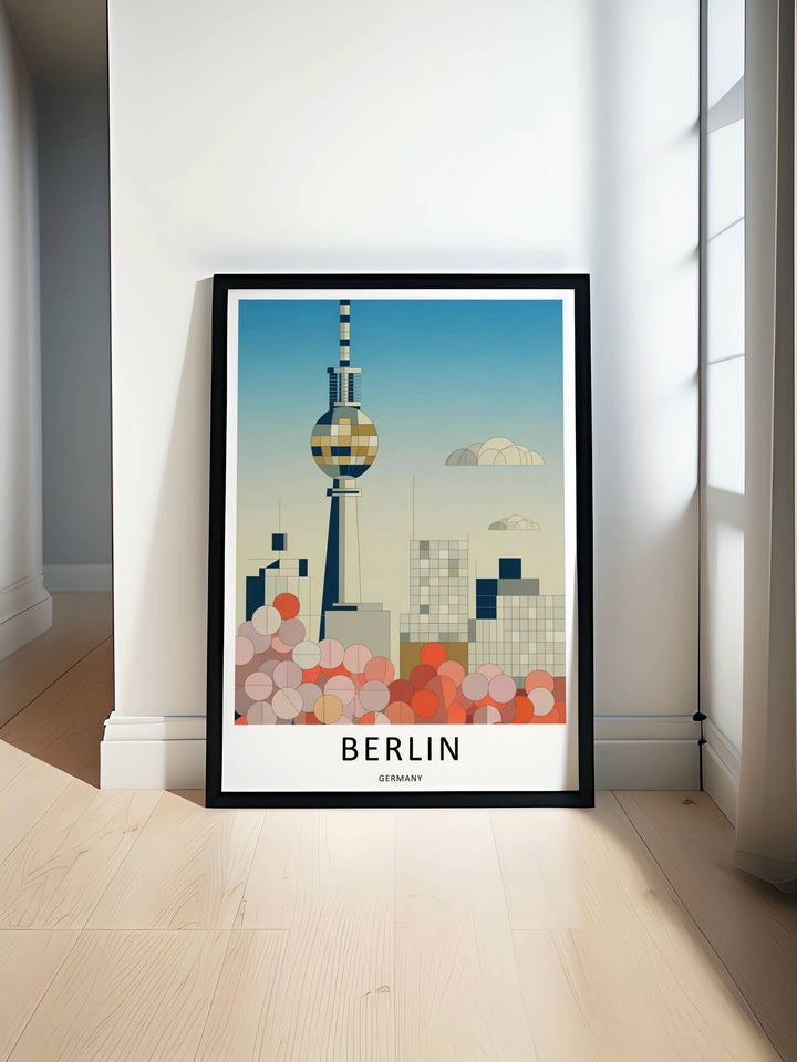 Graphic vector study of Berlin Germany architecture contrasting sharp vertical building lines with the spherical Fernsehturm TV Tower and rounded abstract floral circle clusters at the base.