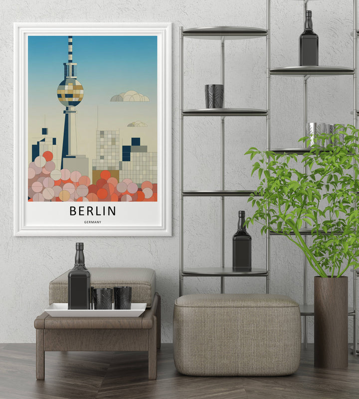 Linear perspective view of a framed Berlin Germany skyline print capturing the soaring Fernsehturm TV Tower alongside abstract geometric cherry blossom trees in shades of blush pink and peach.