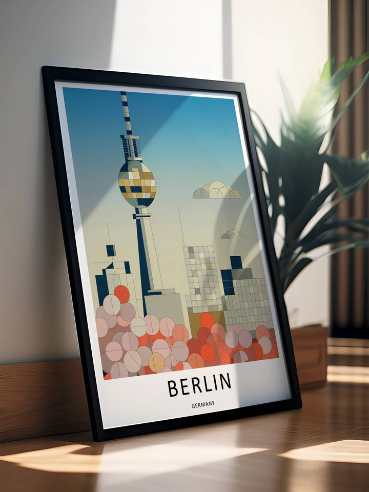 An unframed archival matte paper Berlin Germany print resting on a table surface showcasing flat vector color blocks and the iconic Fernsehturm TV Tower structure with zero texture overlay.