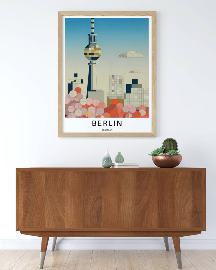 Artistic office wall decor layout featuring a mid century modern Berlin Germany travel poster highlighting the Fernsehturm TV Tower above stylized minimalist cityscape windows and buildings.