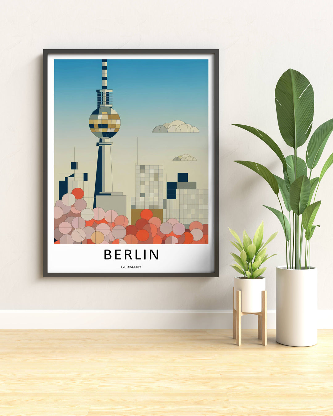 Luxury gallery wall arrangement featuring a framed Berlin Germany Fernsehturm TV Tower graphic print acting as a sophisticated worldly focal point inside a contemporary home design layout.