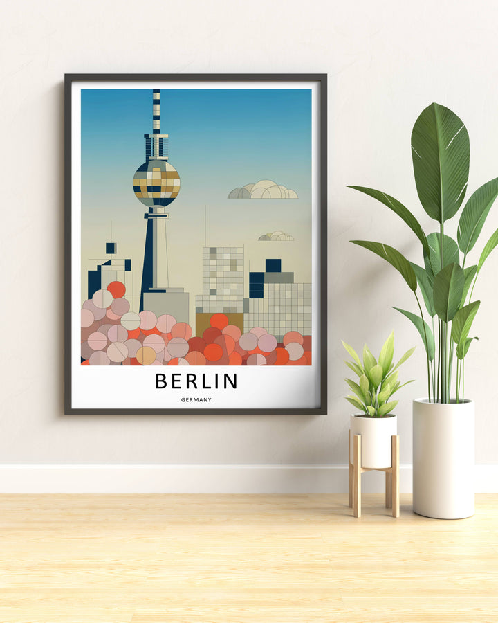 Luxury gallery wall arrangement featuring a framed Berlin Germany Fernsehturm TV Tower graphic print acting as a sophisticated worldly focal point inside a contemporary home design layout.
