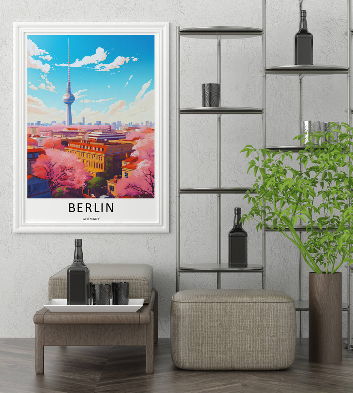 A premium framed Berlin travel print highlighting iconic German landmarks in a clean graphic style, showcased as an elegant focus piece against a crisp studio backdrop.