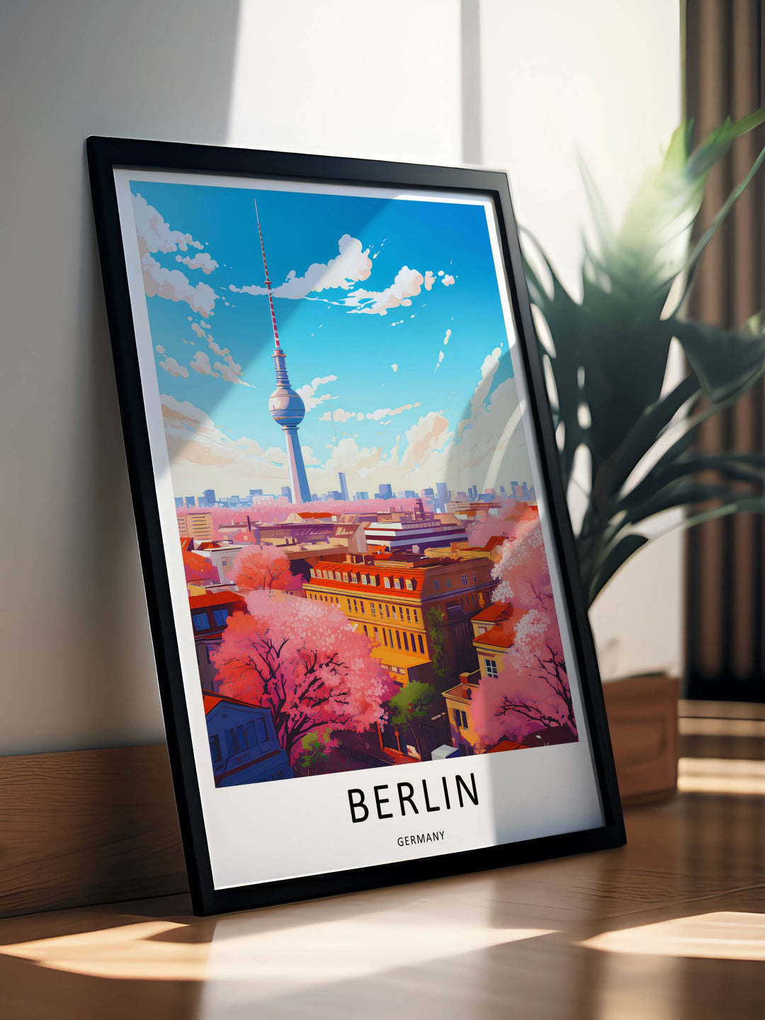Close up of the clean text layout on the Berlin city print with bold typography underneath a vivid, high-definition vector illustration of a spring landscape in the German capital.
