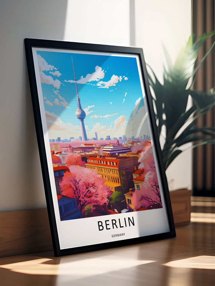 Close up of the clean text layout on the Berlin city print with bold typography underneath a vivid, high-definition vector illustration of a spring landscape in the German capital.