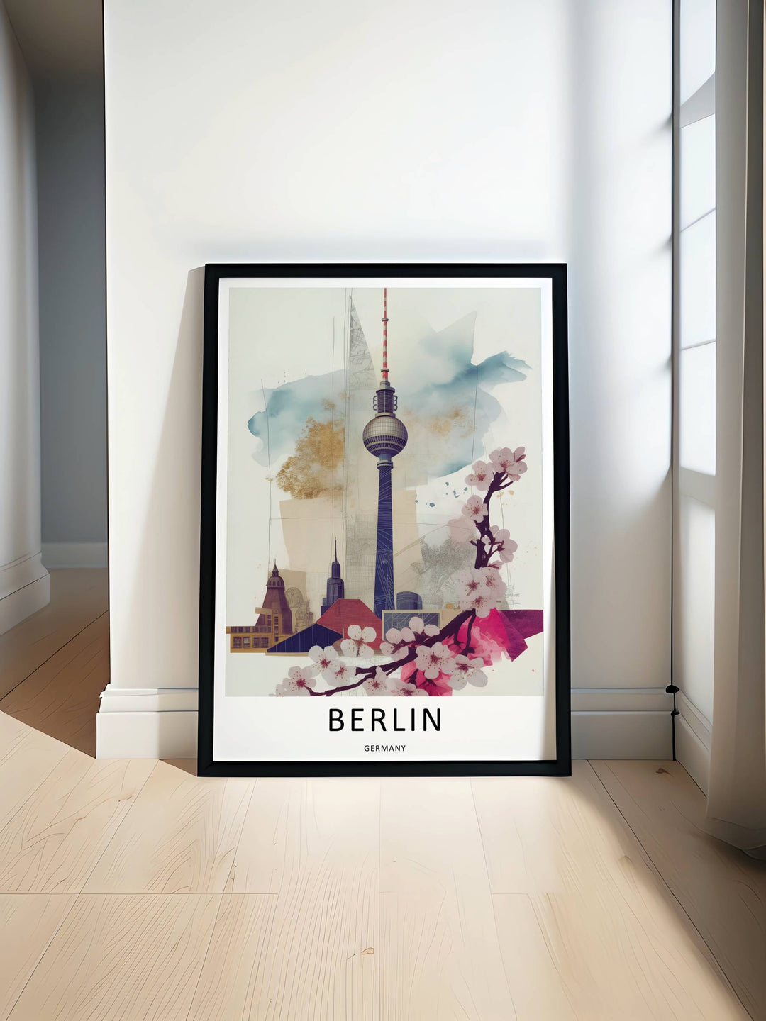 Minimalist Berlin Germany poster showcasing a unique juxtaposition of sharp fine-line ink architectural details, soft pink spring blossoms, and abstract blue and gold watercolor textures.