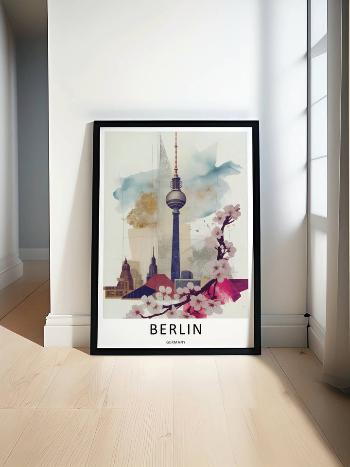 Minimalist Berlin Germany poster showcasing a unique juxtaposition of sharp fine-line ink architectural details, soft pink spring blossoms, and abstract blue and gold watercolor textures.