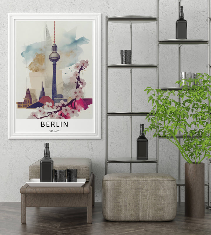 Detailed shot of the Germany travel print from MapYourDreams, highlighting the sharp structural lines of the Fernsehturm TV Tower layered over fluid, abstract watercolor splashes and paint drips.