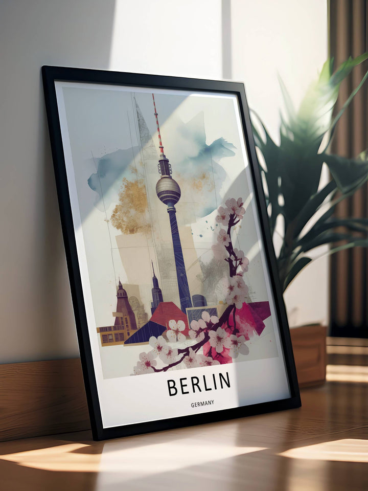 A premium framed Berlin travel print highlighting German architectural landmarks in a sketch style, styled as a statement centerpiece for a Scandinavian or modern minimalist living room.