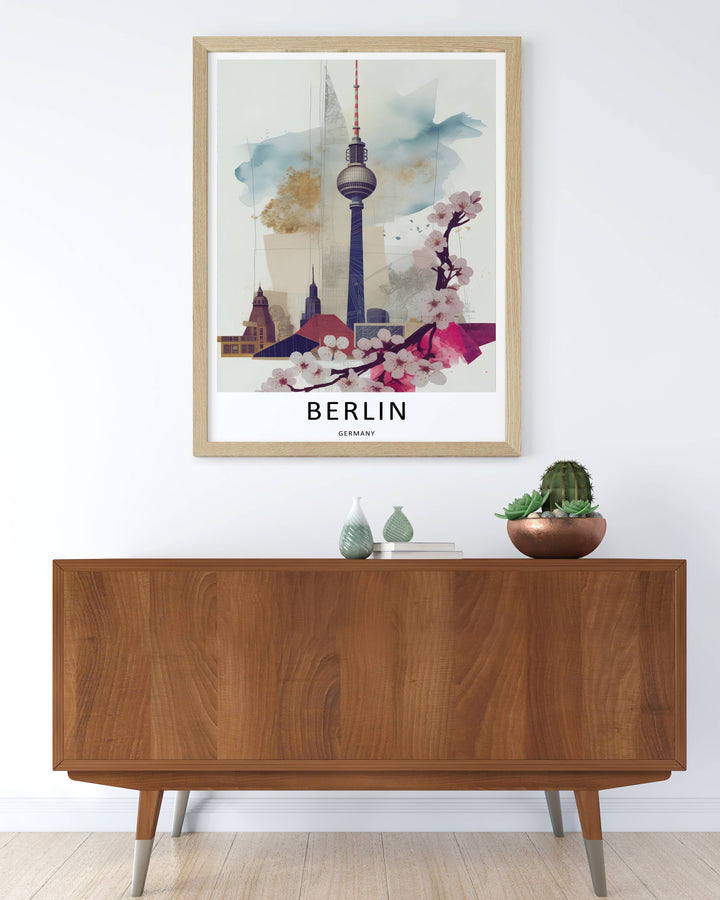 Close up of the typography on the Berlin city print reading BERLIN GERMANY in a clean bold sans-serif font beneath a striking watercolor and ink sketch architectural illustration.