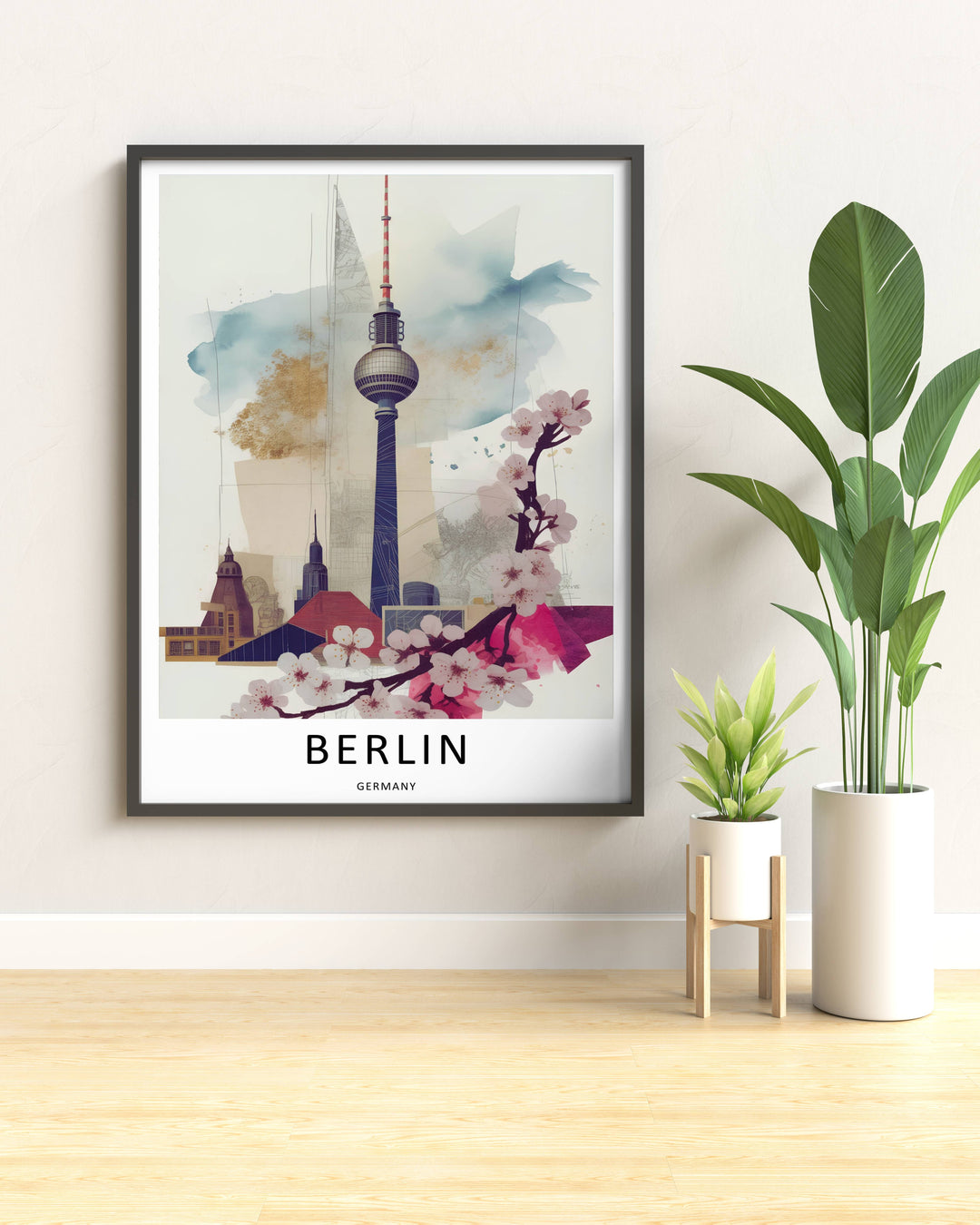 An elegant framed Germany cityscape poster blending abstract watercolor shapes, gold leaf accents, and detailed landmark drawings, creating a beautiful gift for travel and architecture lovers.