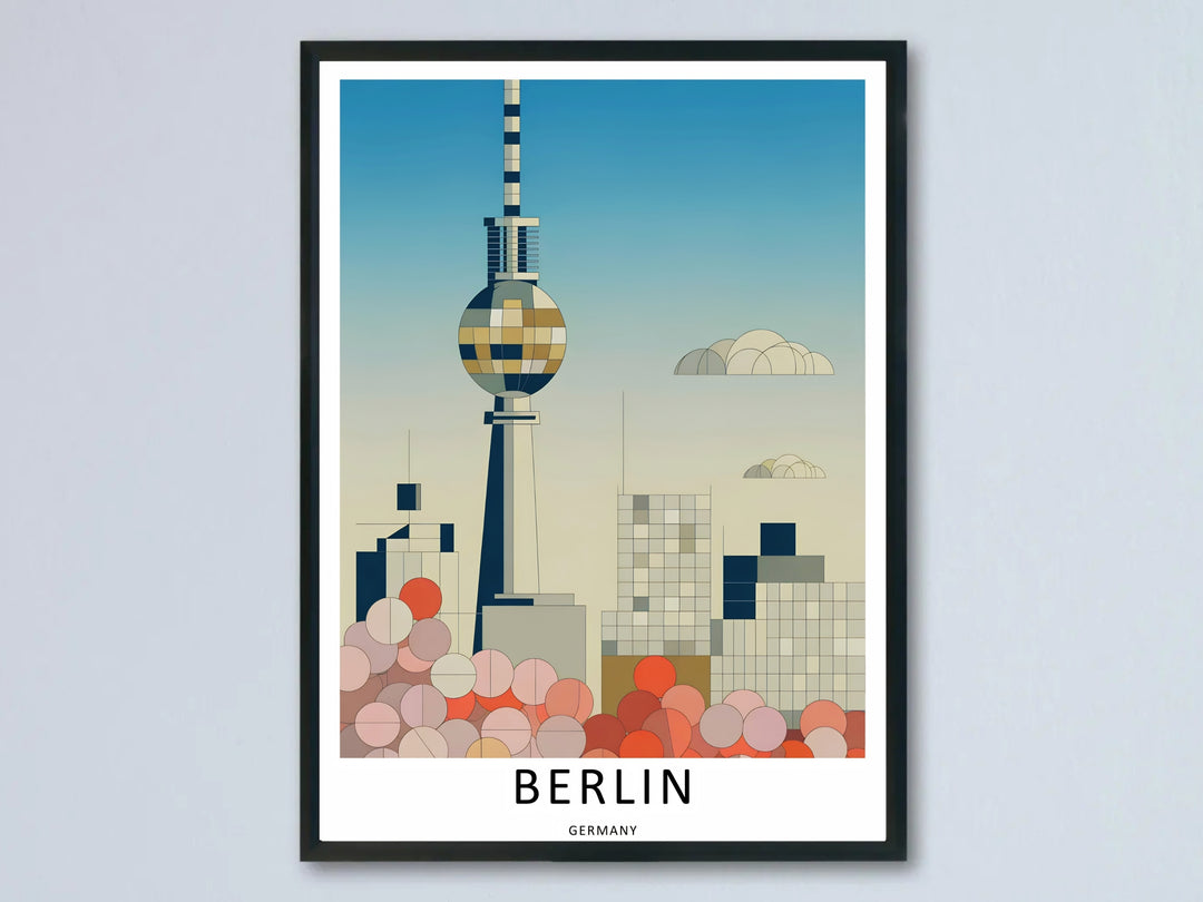 Framed Berlin Germany art print featuring a mid century modern illustration of the iconic Fernsehturm TV Tower skyline with premium geometric architecture shapes and soft pink cherry blossoms.