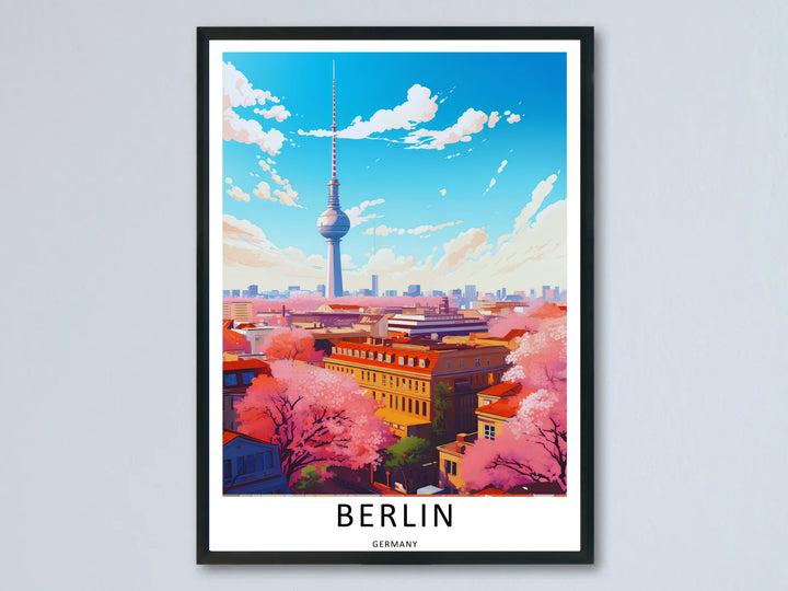 Berlin art print in a vibrant vector graphic style, featuring the TV Tower surrounded by bright pink cherry blossoms under a blue sky, displayed in a black frame on a neutral wall.