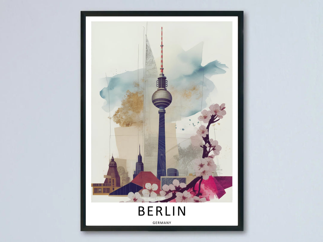 Berlin art print in a mixed media watercolor and architectural sketch style, featuring the iconic TV Tower and delicate pink cherry blossoms, displayed in a sleek black frame against a neutral wall.