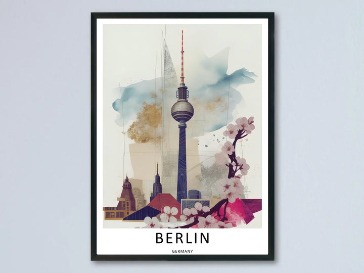 Berlin art print in a mixed media watercolor and architectural sketch style, featuring the iconic TV Tower and delicate pink cherry blossoms, displayed in a sleek black frame against a neutral wall.