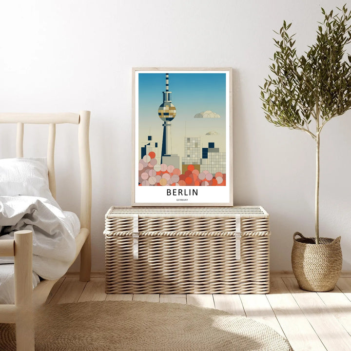 Minimalist Berlin Germany wall art shown inside a modern black gallery frame highlighting the unique Fernsehturm TV Tower structure and a clean lower border with crisp centered typography lines.