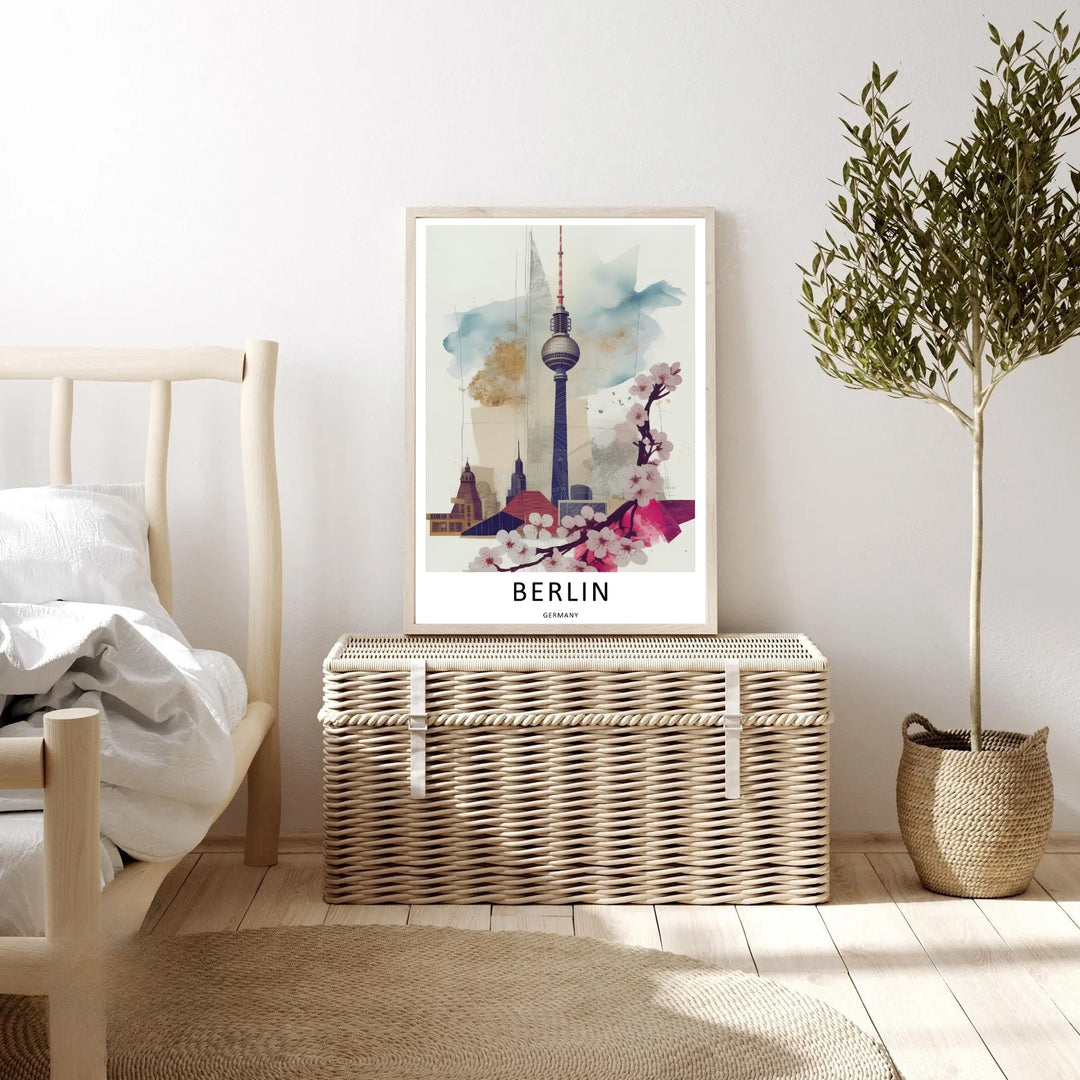 A styled preview of the Berlin watercolor sketch wall art in a  wooden frame, showcasing how the soft pink florals and bold blue hues add a pop of color to neutral interior walls.