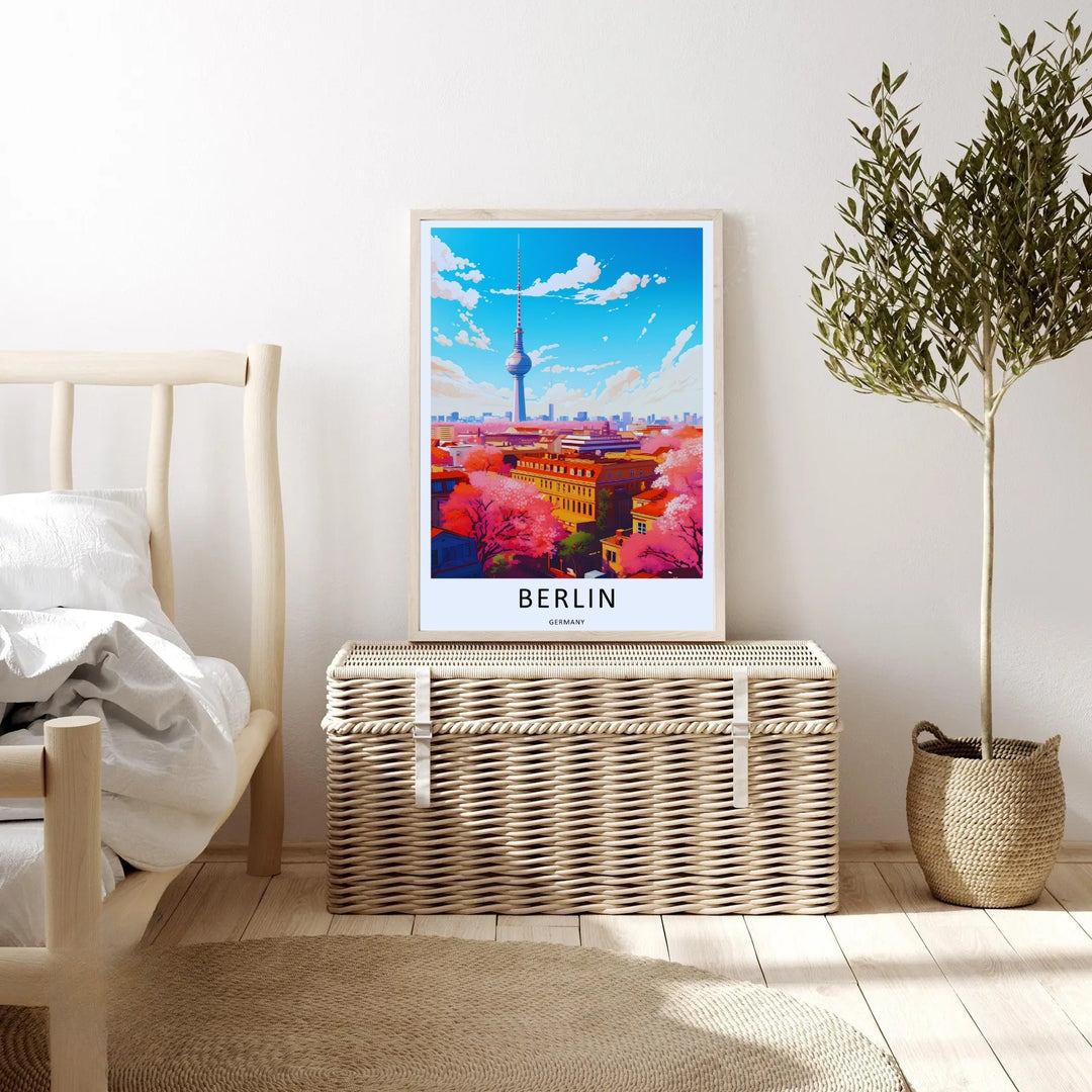 The Berlin Germany skyline print styled as a framed gallery piece. The design features a modern, clean vector layout capturing the essence of a fresh spring morning in Berlin.