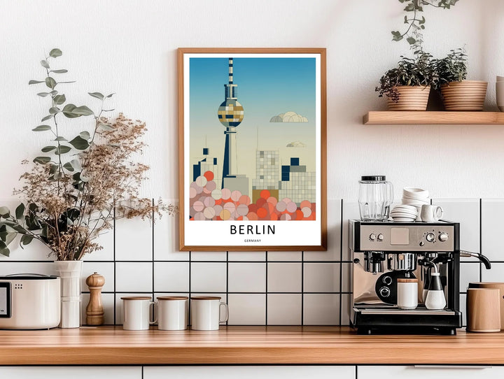 Close range shot of the clean minimalist typography layout centered directly in the wide white bottom border margin of this original Berlin Germany Fernsehturm TV Tower illustration print.