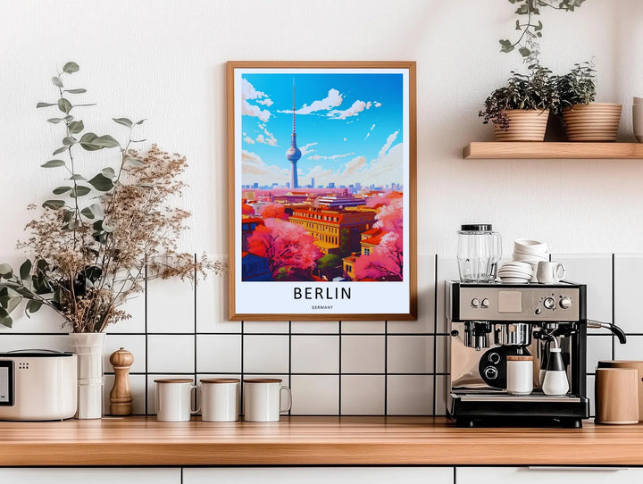 Vector Berlin Germany poster displaying an aerial perspective of city rooftops nestled among blooming pink cherry trees, presenting a fresh, joyful take on European urban architecture.