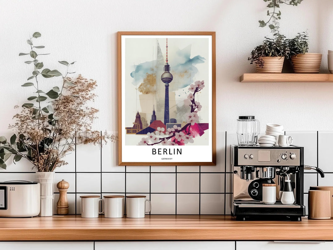 The Berlin Germany art print styled as a framed gallery piece. The design features a delicate cherry blossom branch overlaying the fine-line sketch of the iconic Berlin Fernsehturm tower.