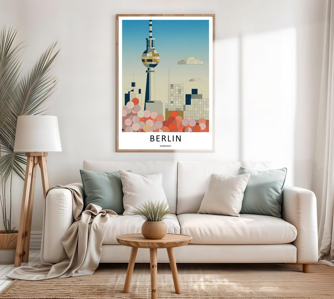 Modern apartment living room wall display featuring a large canvas Berlin Germany Fernsehturm TV Tower print styled with warm terracotta orange accents and abstract geometric cherry blossoms.
