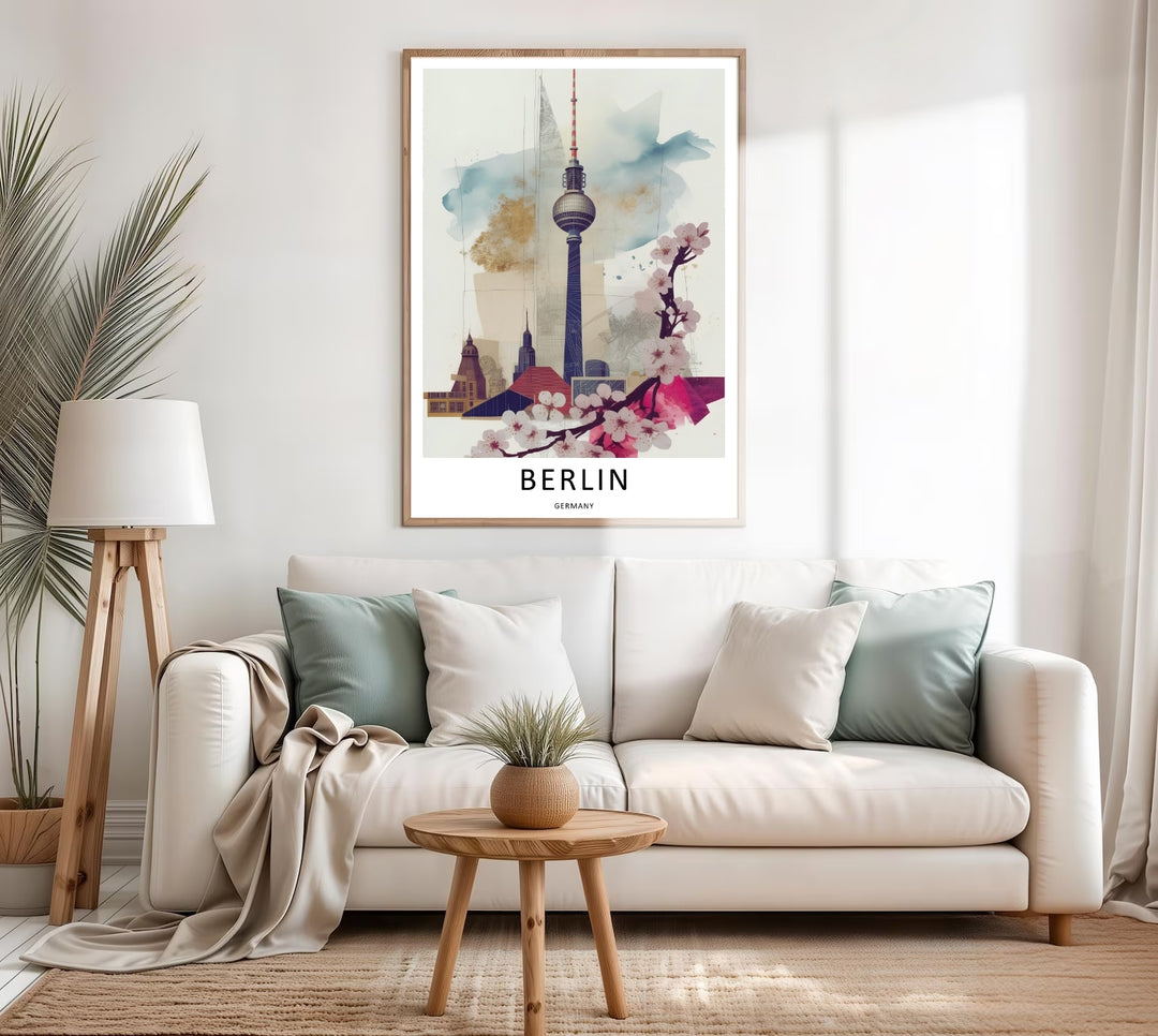 High quality print of the Berlin skyline sketch with watercolor washes. This modern artwork serves as an ideal housewarming or anniversary gift for anyone who loves Germany and urban design.