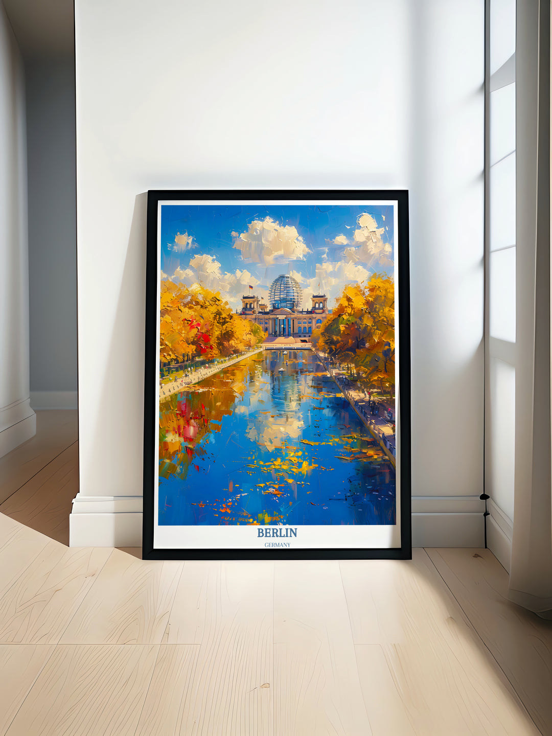 Experience Berlins vibrancy with this travel print highlighting the Reichstag Building. A timeless piece for any art lover.