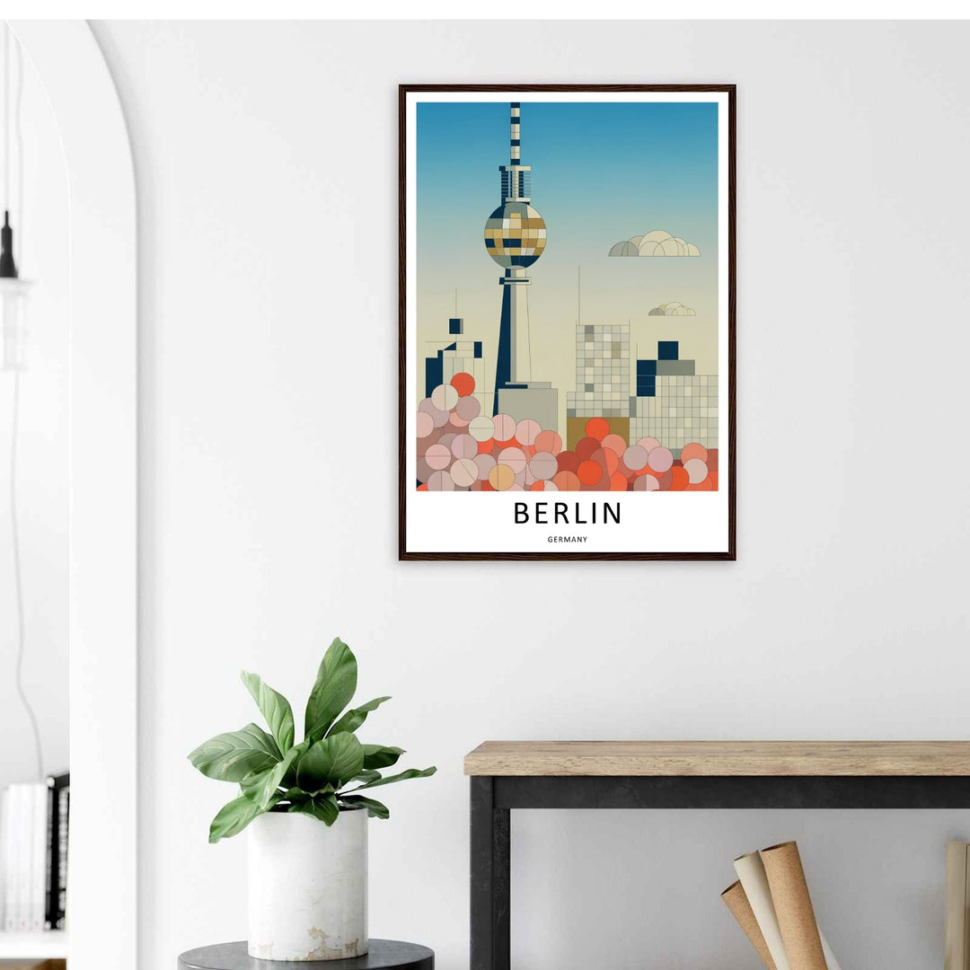 Saturated fine art poster of Berlin Germany focusing on a calm daytime sky gradient background element behind the structural Fernsehturm TV Tower spire and minimalist retro skyscraper roofs.
