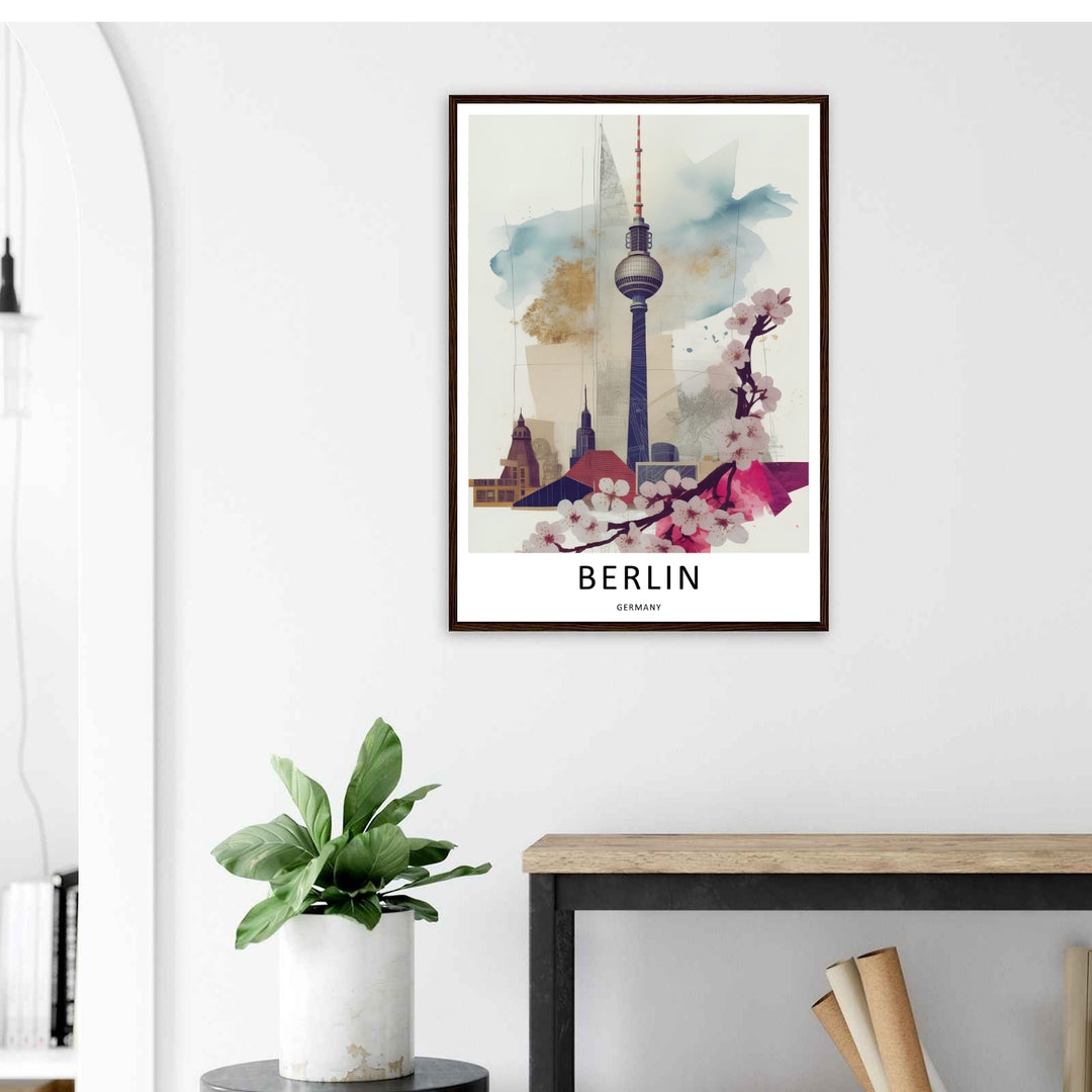 Artistic presentation of the Berlin skyline poster from MapYourDreams, capturing the vibrant atmosphere of the German capital through creative digital watercolor and ink sketch techniques.
