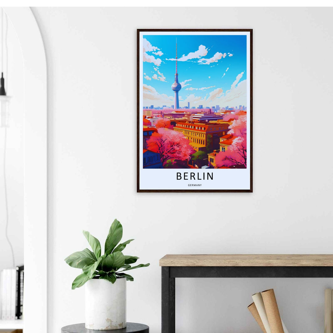High quality graphic print of the Berlin skyline with bright spring elements. This lively artwork serves as a wonderful housewarming gift for anyone who loves Germany and vector designs.
