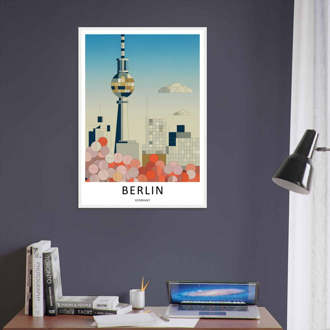 High contrast close up of a Berlin Germany travel poster displaying the Bauhaus style Fernsehturm TV Tower design alongside towering minimalist skyscraper grid lines and abstract circle clouds.