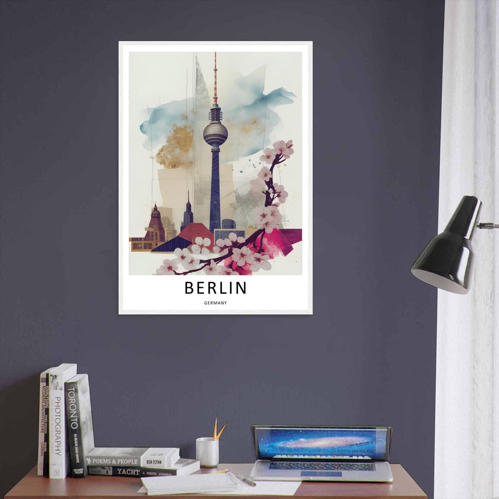 Close up view of the Berlin travel poster showcasing fine line ink sketches of buildings, soft fluid blue watercolor washes, and elegant gold textures with clean typography at the bottom.