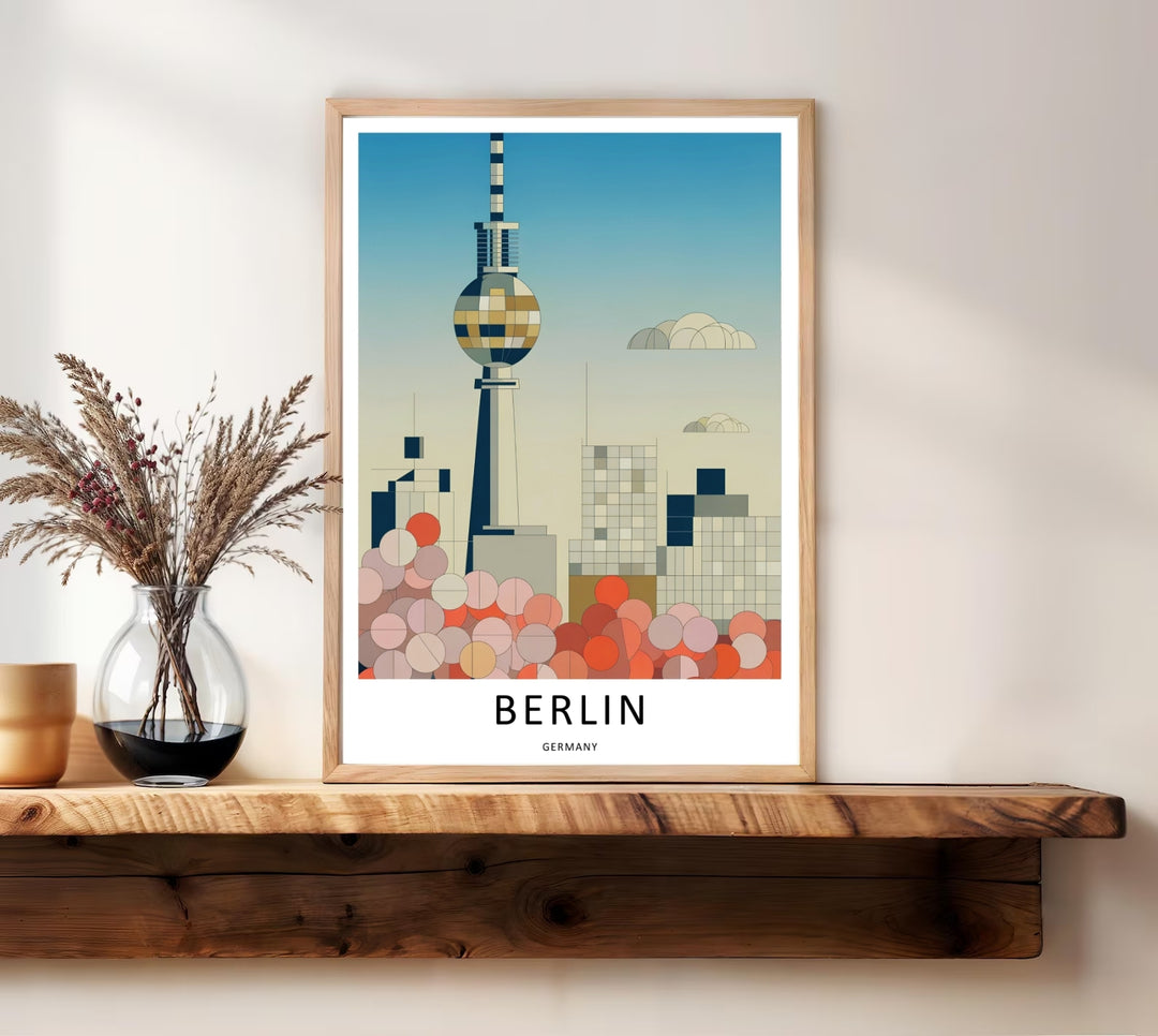 Luxury gallery wall arrangement featuring a wooden framed Berlin Germany Fernsehturm TV Tower graphic print acting as a sophisticated worldly focal point inside a contemporary home design layout.