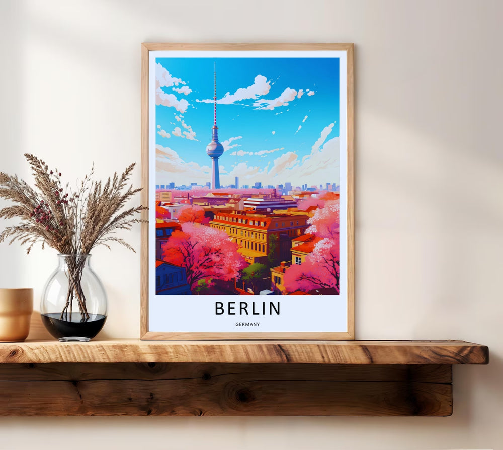 Artistic presentation of the Berlin skyline poster from MapYourDreams, utilizing bold color blocks and clean shapes to illustrate the famous TV Tower amidst blooming cherry blossoms.