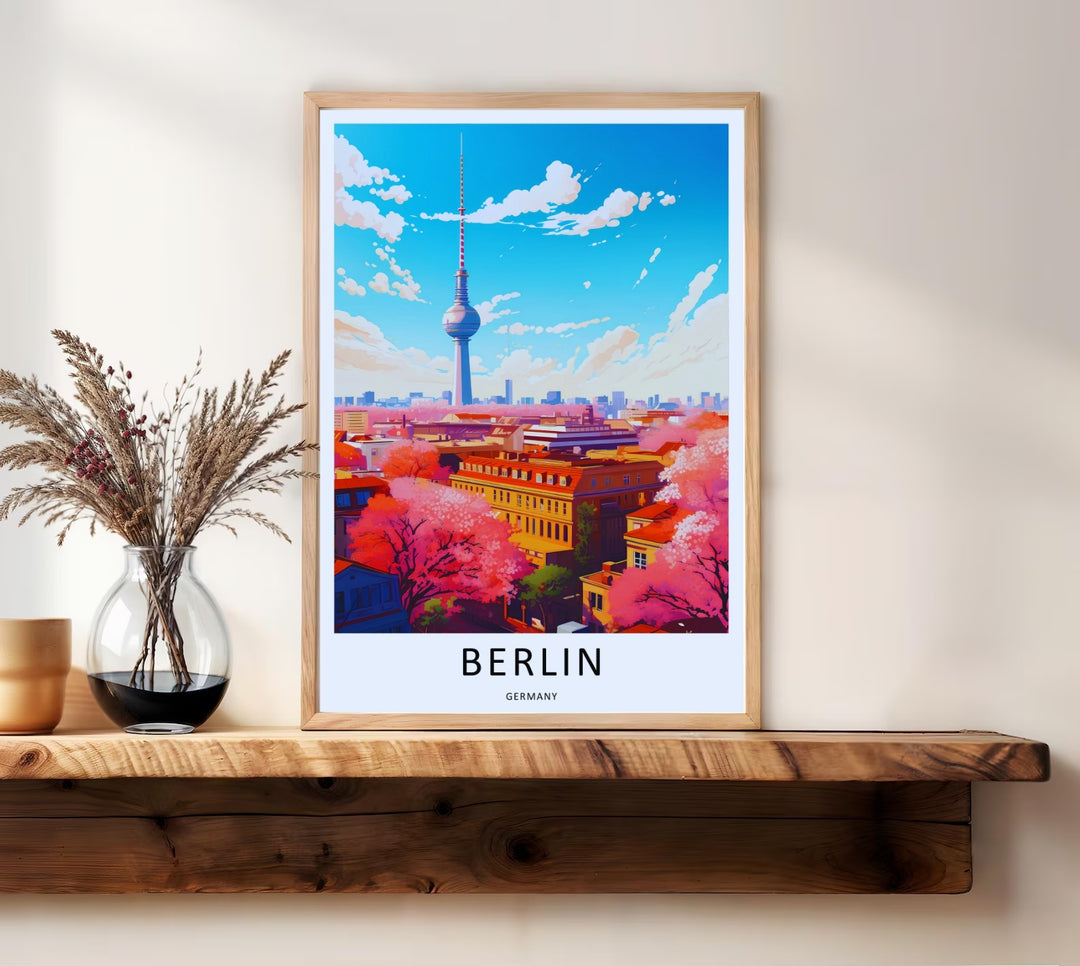 Artistic presentation of the Berlin skyline poster from MapYourDreams, utilizing bold color blocks and clean shapes to illustrate the famous TV Tower amidst blooming cherry blossoms.