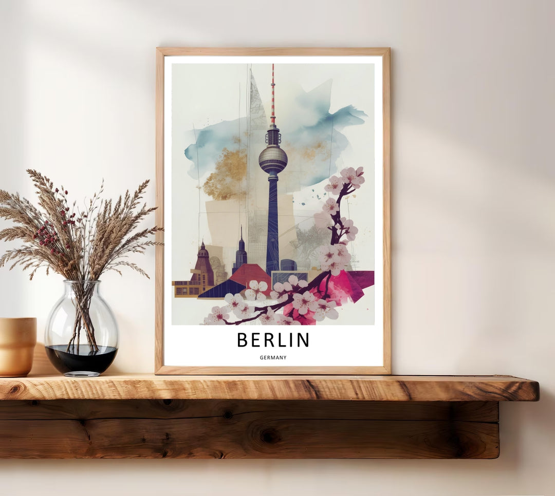 Sophisticated Berlin cityscape wall art framed on a minimalist wall. The artwork beautifully combines European city heritage with contemporary mixed-media watercolor design for home decor.