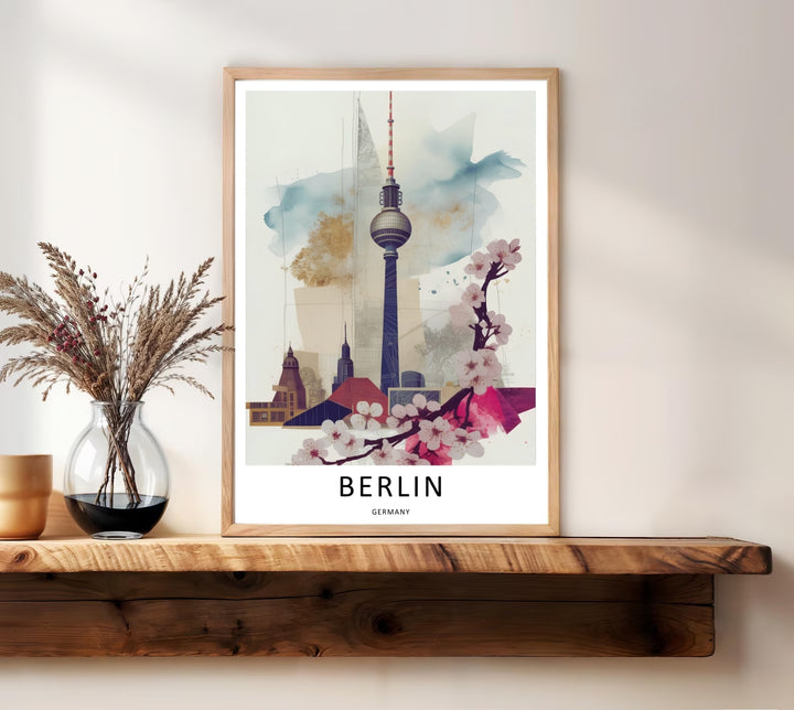 Sophisticated Berlin cityscape wall art framed on a minimalist wall. The artwork beautifully combines European city heritage with contemporary mixed-media watercolor design for home decor.