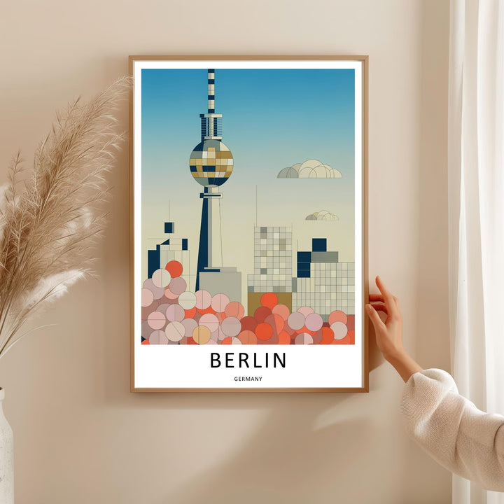 Architectural vector print from Berlin Germany highlighting the detailed mosaic pattern grid on the central Fernsehturm TV Tower sphere against a calm blue and cream sun bleached gradient sky.
