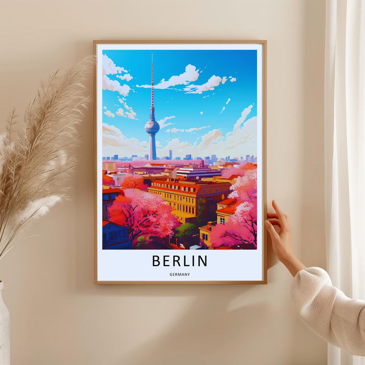 Detailed look at the Germany travel print from MapYourDreams, showcasing the sharp red-and-white tip of the Fernsehturm TV Tower set against a cheerful, colorful anime-inspired skyline.